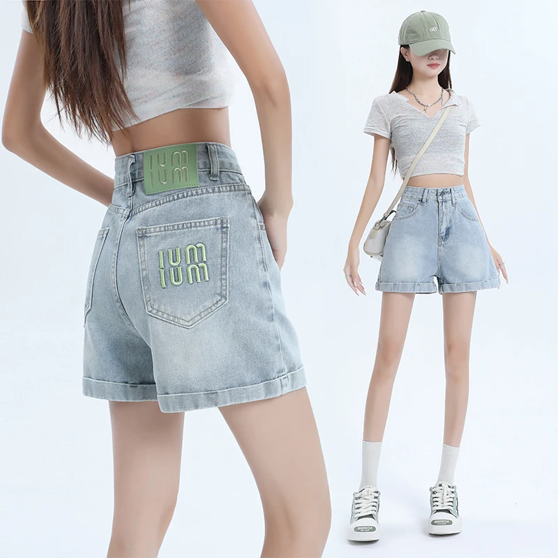 

Korean Trendy Embroidery Pockets Denim Shorts Women Summer Casual High Waist Jeans Y2K Short Jeans Pants Streetwear Trousers