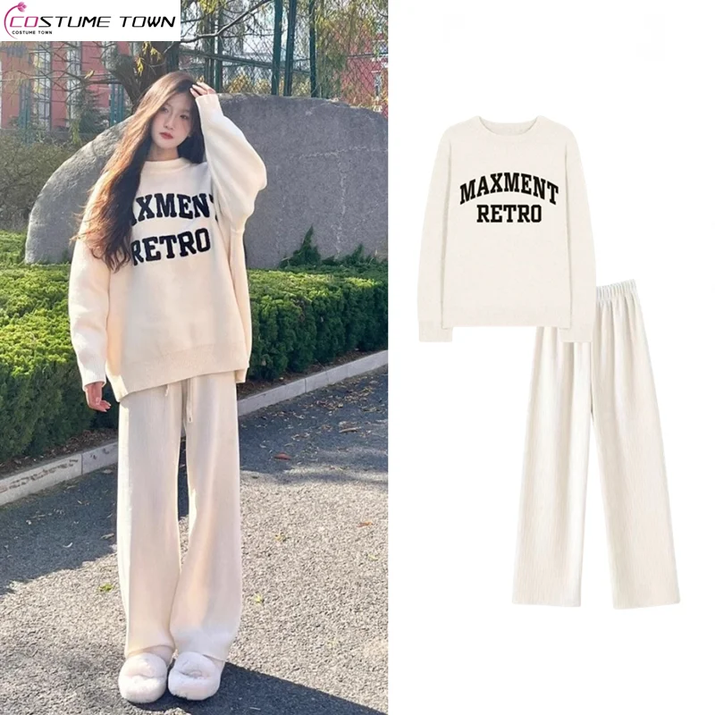 Autumn/Winter Women\'s Set Korean Edition New Embroidered Round Neck Knitted Sweater+Wide Leg Pants Two Piece Set