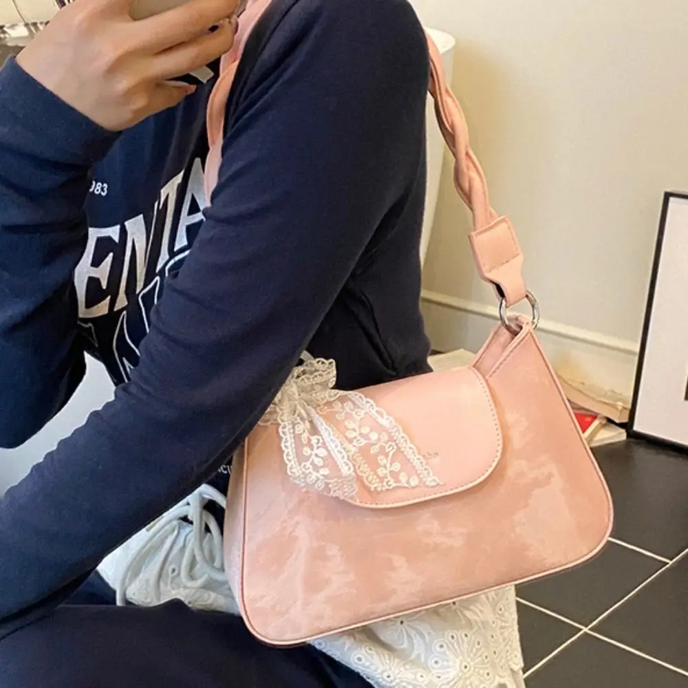 

Fashion Elegant Bow Underarm Bag Cute Smooth Lace Ribbon Handbag Aesthetic Solid Color Women's Armpit Bag Woman