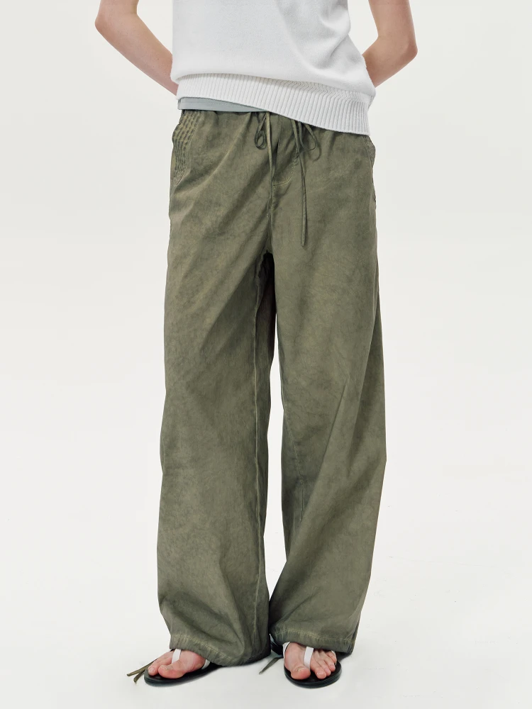 

Hua Ji Yan Olive Straight Leg Workwear Pants Elastic Waist Dstring Design Loose Fit Casual Trousers for Women