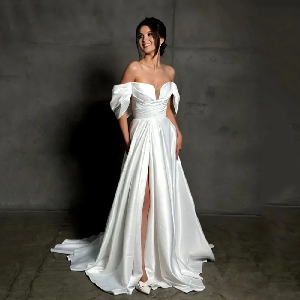 

Customized Soft A Line Side Slit Simple Off The Shoulder Pleat Custom Made Formal Bridal Gown Prom Dresses Fashion High Quality