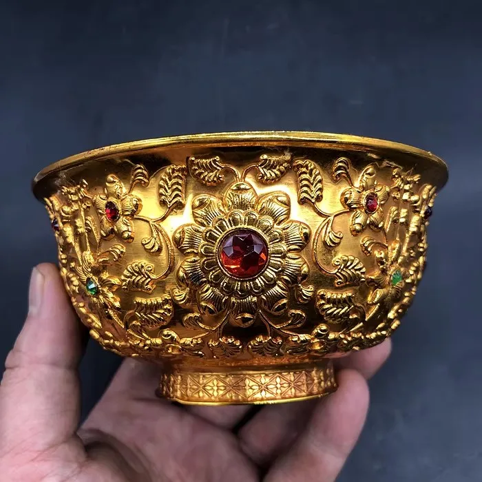 Copper Gilt Gem Bowl Qianlong Year Retro Court Royal Carved Gold Inlaid Jewel Golden Bowl Ornaments