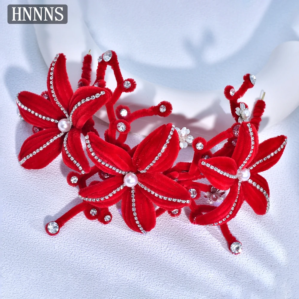 

HNNNS Red Pipe Plush Handmade Headpiece Hyperbole 3D Flowers Headdresses Elegant Headwear Bridal Wedding Hair Accessories A383