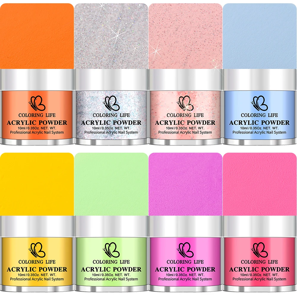 8 kit Iridescent Colors Acrylic Nail Powders Christmas 8-colors with Glitters 3-in-1 Acrylic Powder for Nail Extensions Manicure