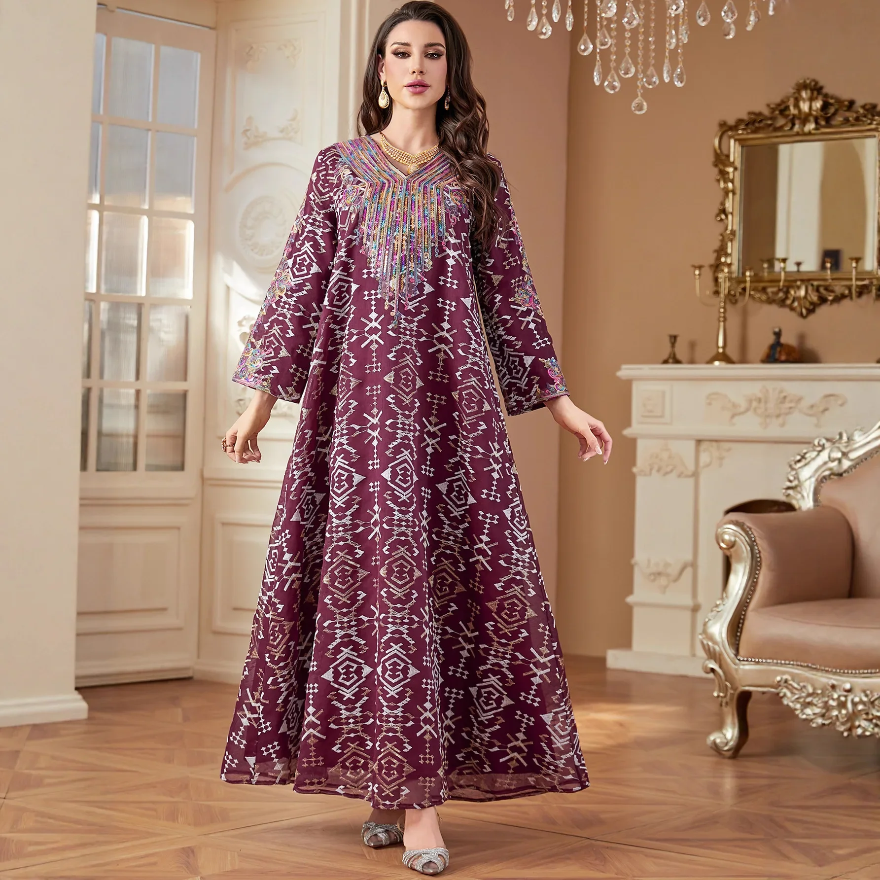 ชุดเดรสอาบายะสำหรับงานปาร์ตี้ของผู้หญิงมุสลิม จาลาบียะ ดูไบ เวสติโดส ลาร์โก รอมฎอน ปักลายโมร็อกโก ชุดคลุมละหมาด คาฟตัน อบายา 2026