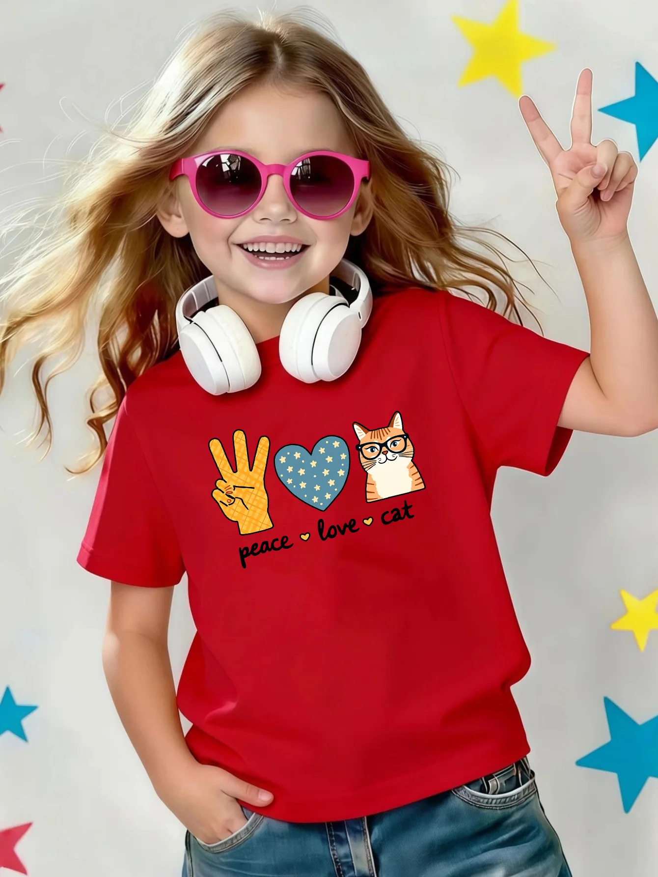 Peace Love Cat Hand Heart Star Cartoon Print Kids Tee Boys Girls Cotton Summer Soft Casual Unisex Kids Daily Short Sleeve Shirts