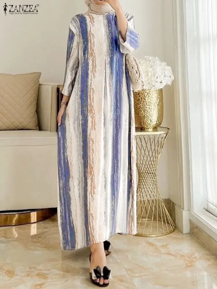 

ZANZEA модные мусульманские платья Абая женский осенний сарафан 2025 повседневное платье с круглым вырезом и длинными рукавами с принтом халат Femme свободные платья