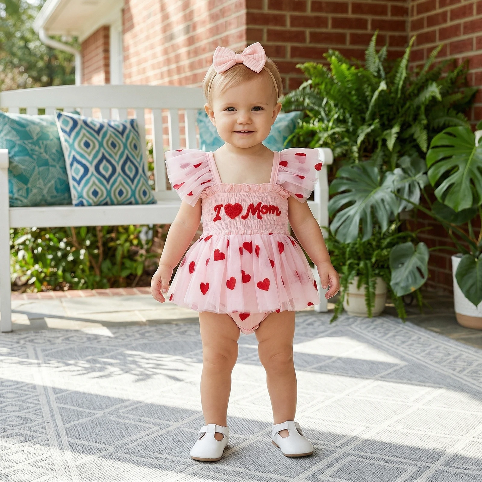 Infant Baby Girl Mother's Day Romper Dress Smocked Heart Letter Embroidery Fly Sleeve Tulle Skirt Hem Bodysuit with and Headband