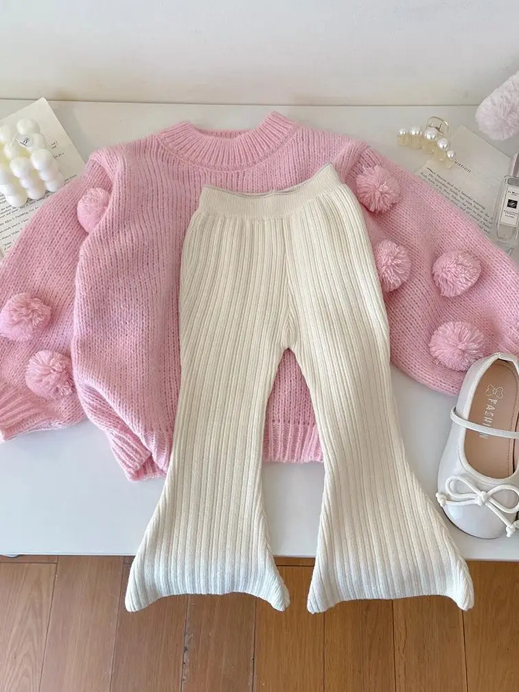 2024 Autumn Winter Children Clothes Girls Wool Pants Fashionable Knitted Bell Bottoms Or Ball Knitted Sweater Tops