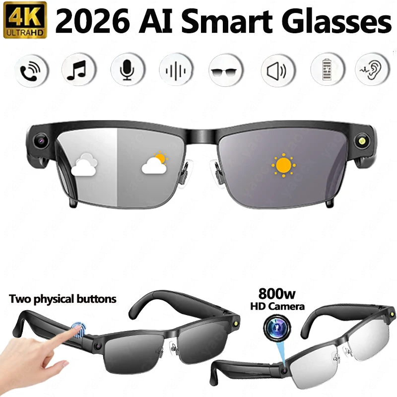 2026 4K AI Smart Glasses Voice Assistant Control 270mAh Battery 800W HD Camera 1200P Video Shoot Bluetooth Call Sunglasses New