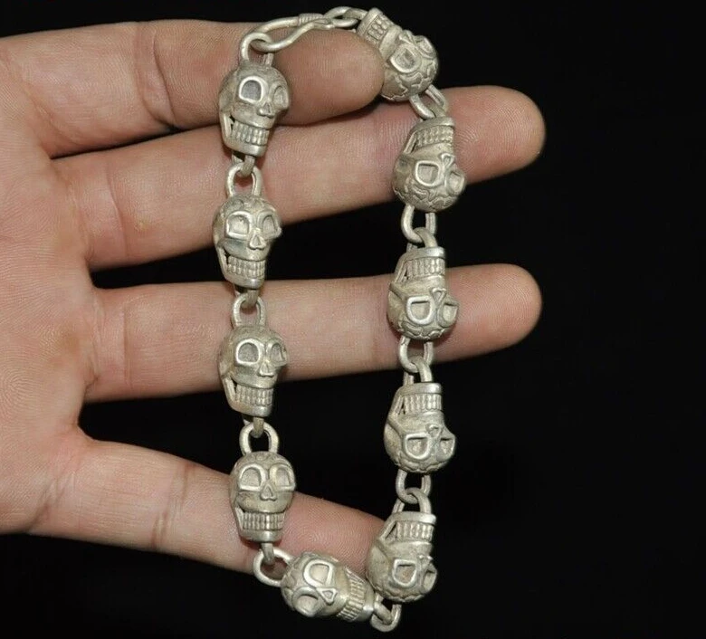 

10"Tibetan Buddhism Tibet silver Skull head statue amulet Bracelet hand chain