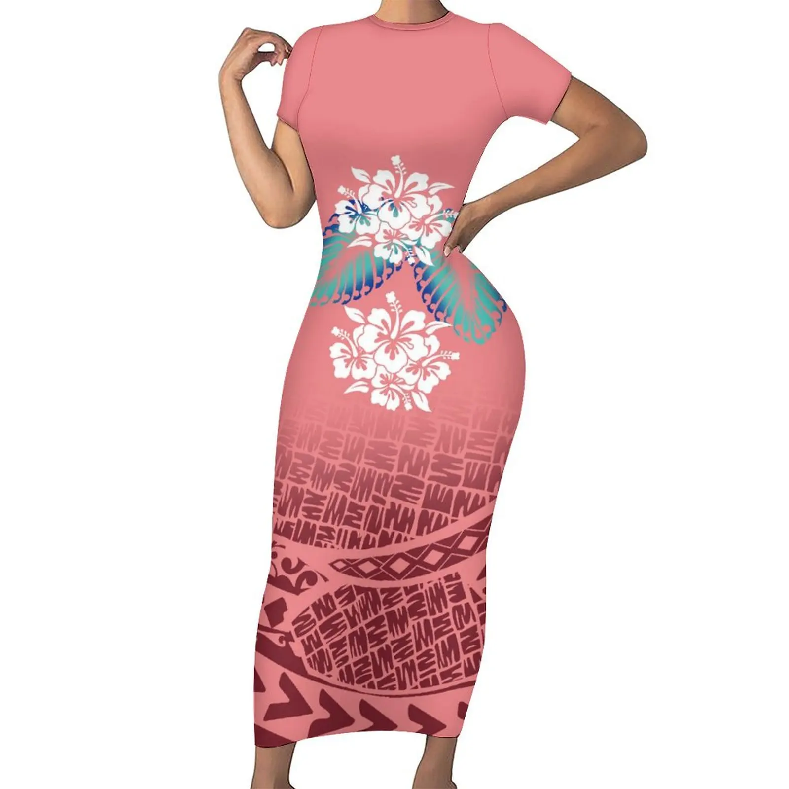 2025 New Arrival Summer Short Sleeve Casual Long Dress Customized Samoan Print Design Women Round Neck Dress