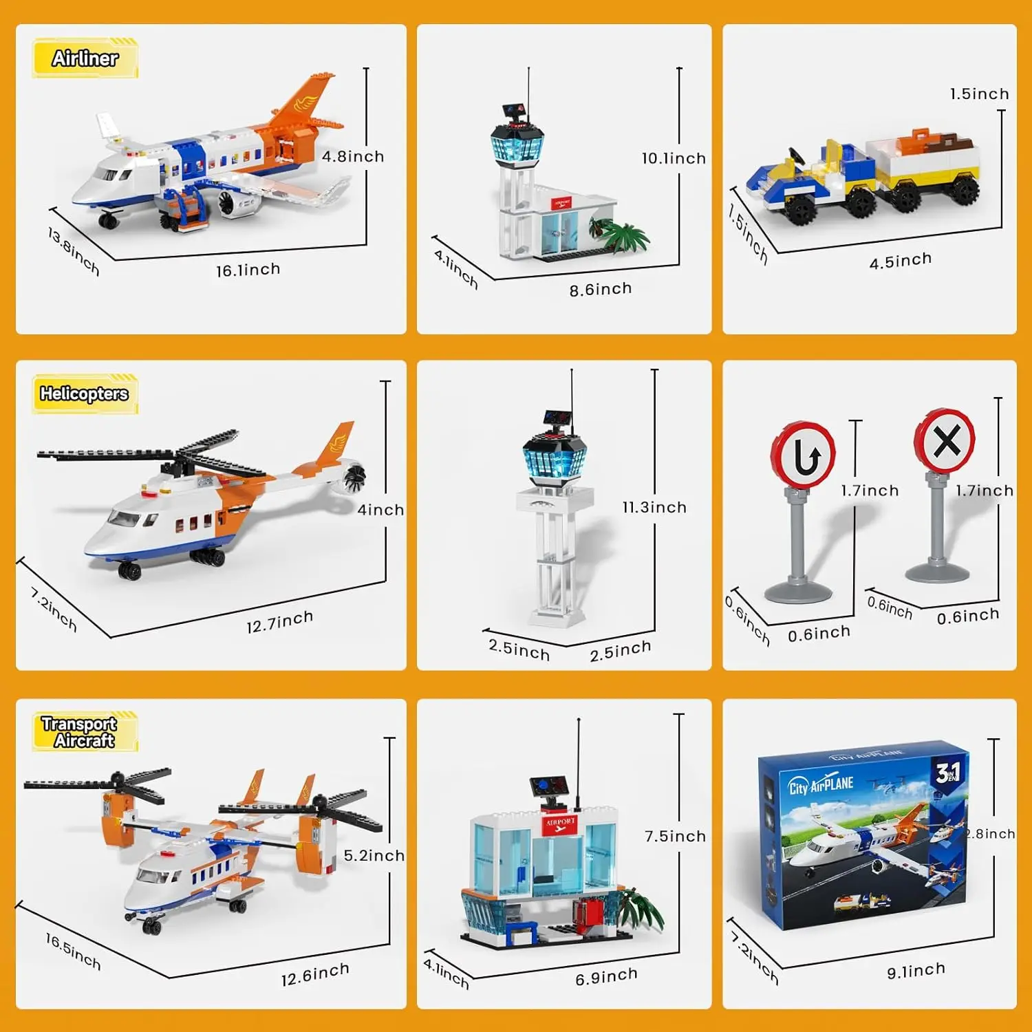 3-in-1 vliegtuigbouwstenen set transportvliegtuig helikopter passagiersvliegtuig bagageaanhangwagen bouwspeelgoed voor kinderen geschenken