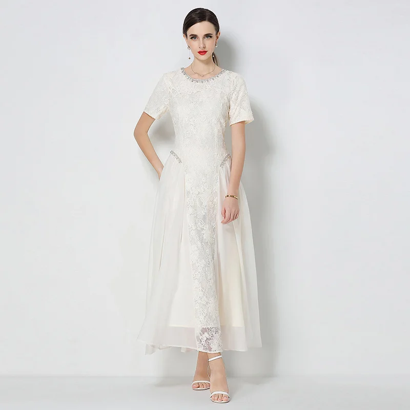 Hand-Embroidered Sequin Short-Sleeve round Neck Lace-Panelled Long Skirt with Belt Women's Heavy Embroidery Shiny Diamond Casual