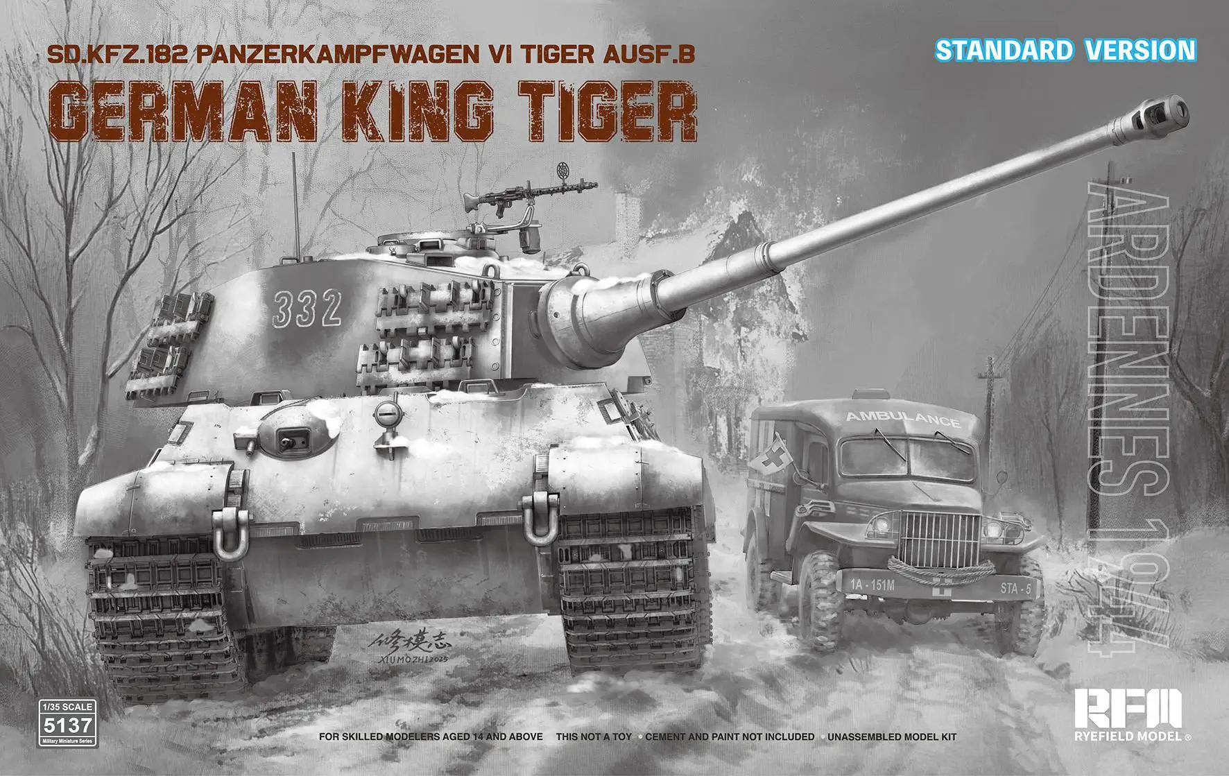 

RYEFIELD RM5137 Масштаб 1/35, Sd.Kfz.182 Panzerkampfwagen VI Tiger Ausf.B «King Tiger», стандартная версия ARDENNES 1944 г.