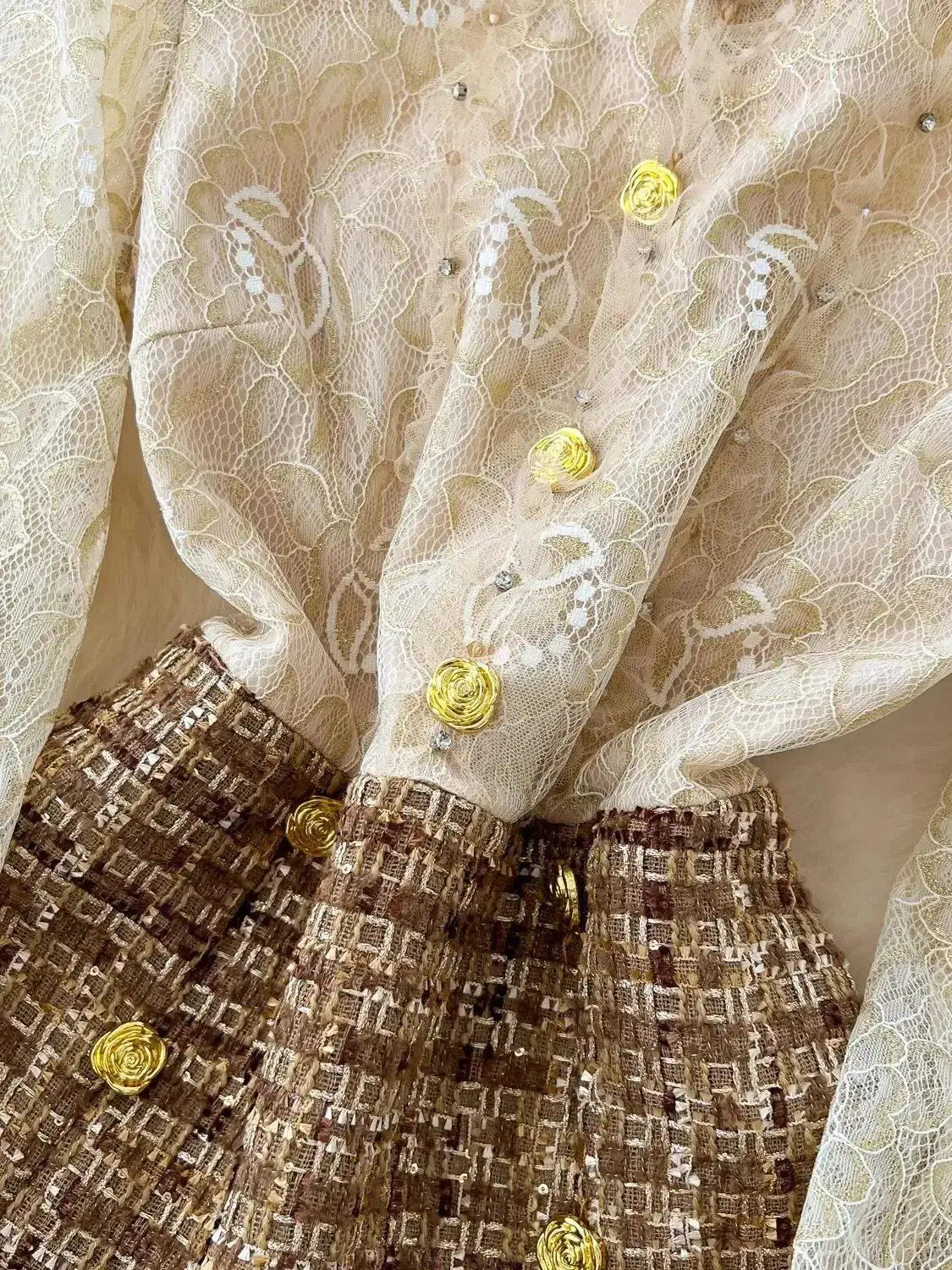 Spring Autumn Elegant Flower Embroidery Lace Stitching Tweed Golden Buttons Plaid Long Sleeve Nail Beading O Neck A-Line Dresses