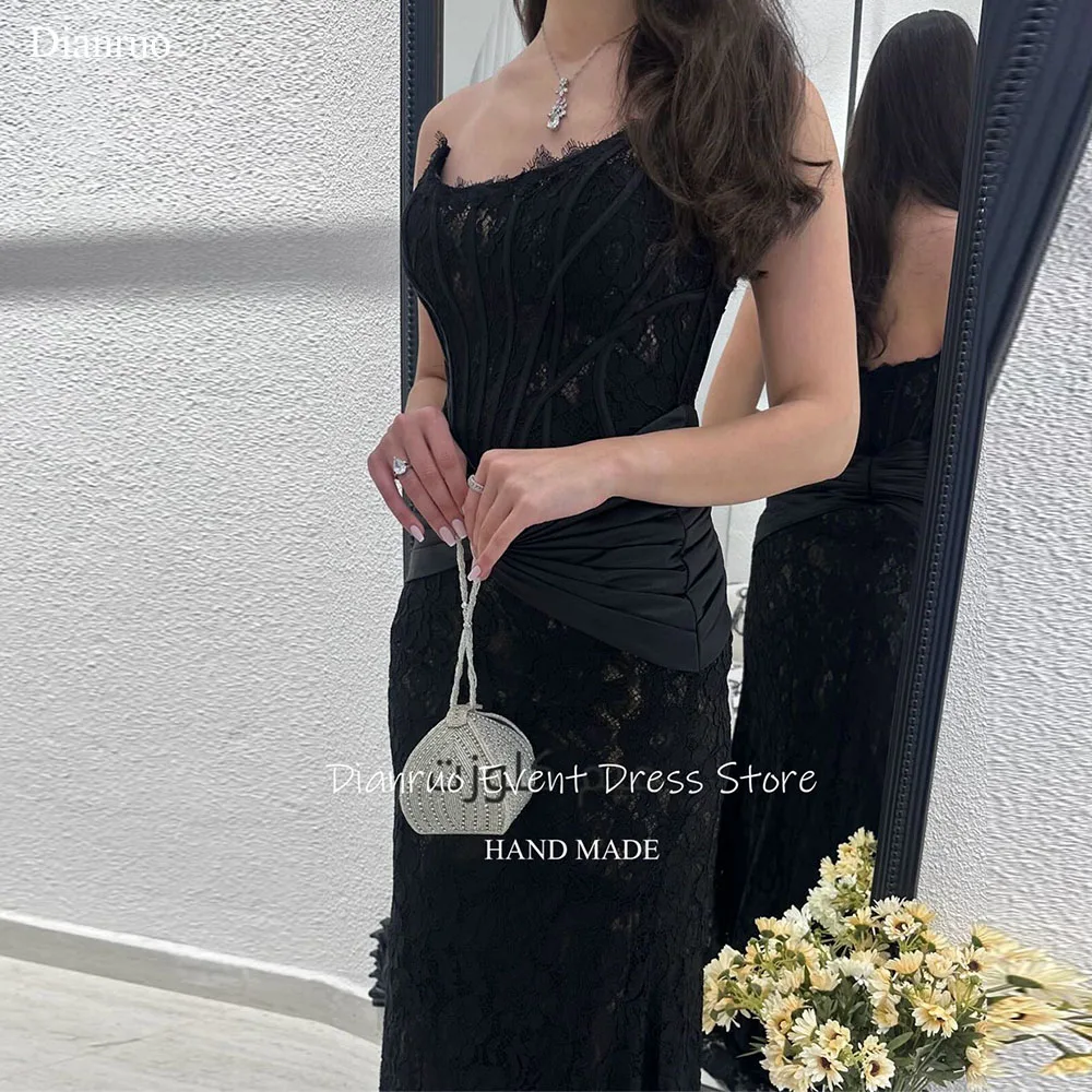 Dianruo 블랙 바닥 길이 이브닝 드레스 레이스 우아한 Vestidos De Novia Appliques 스쿠프 넥 라인 Abiti Da Cerimonia Customized