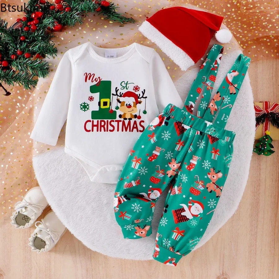 0-18 أشهر بيبي بوي عيد الميلاد الزي شجرة شاحنة طباعة طويلة الأكمام ارتداءها منقوشة طباعة الحمالات السراويل عقدة قبعة 3 قطعة مجموعة عيد الميلاد #3