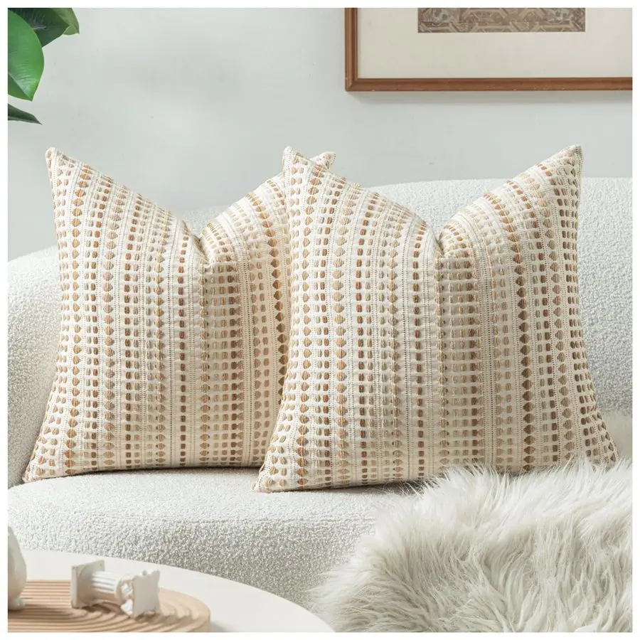 

Neutral Throw Pillow Decorative Farmhouse Pillow Covers for Couch Bed Living Room, Cotton Textured Cushion Cover Striped Pillowc