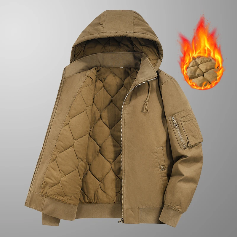Winter Vintage Parkas Coats for Men Thicken Warm with Hood Cotton Jackets Outdoor Windproof Male Clothes Solid Color All-match