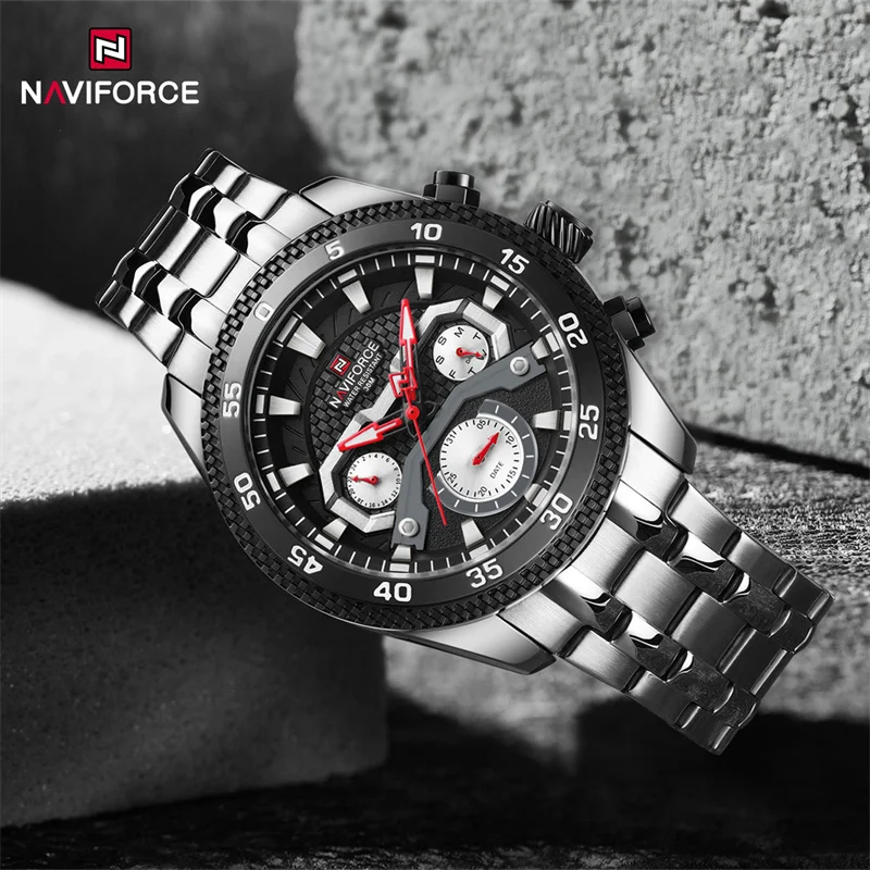 NAVIFORCE Men Watch Business Luxury Waterproof Stainless Steel Strap Quartz Wristwatch Chronograph Date Week Clock Reloj Hombre