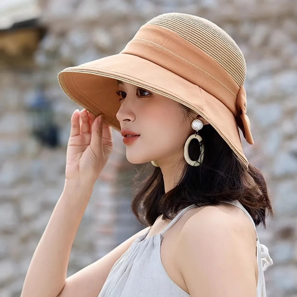 

Summer Straw Bucket Hat UV Protection Bowknot Sun Cap Wide Brim Breathable Beach Cap Women
