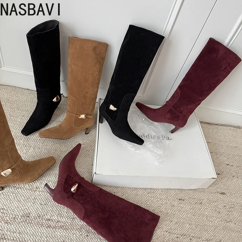 NASBAVI 2026 موضة النساء حذاء برقبة للركبة فو الجلد المدبوغ عالية الكعب الشتاء أحذية امرأة أشار تو أحذية طويلة فستان سيدة حجم 34-40 #4