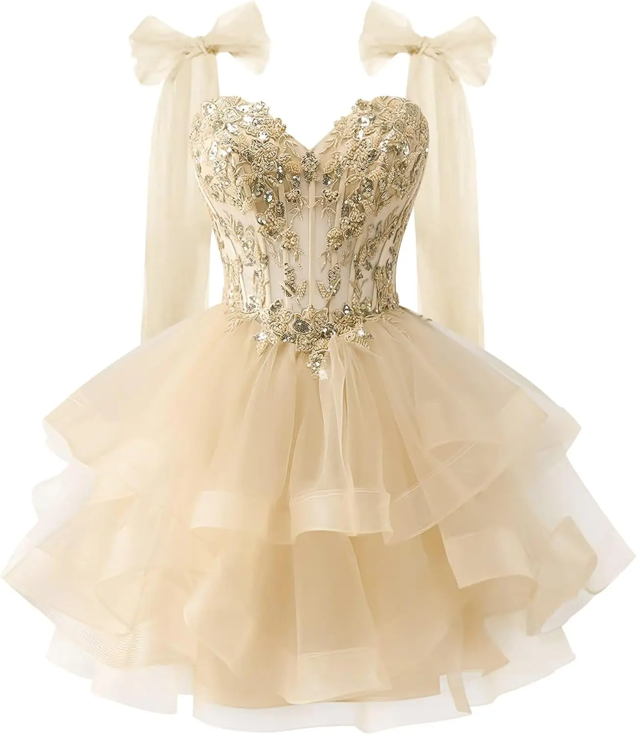 

Tiered Tulle Homecoming Dresses Sparkly Lace Applique Bow Straps Short Prom Dress for Teens Quinceanera Graduation Dress