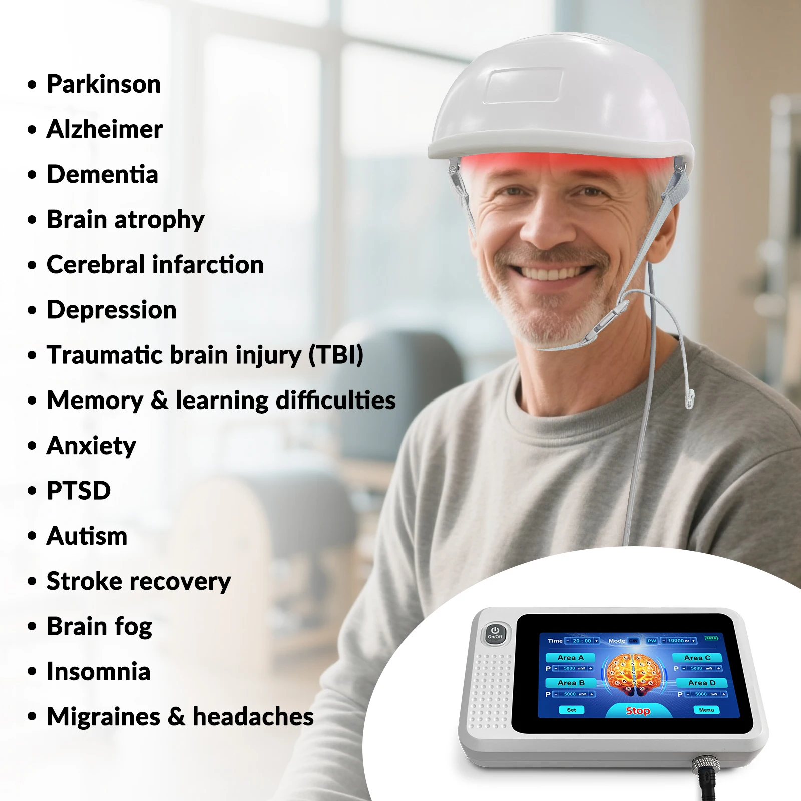 

Newest Professional Four Brain Region Settings 810nm PBM Therapy Helmet Neurological Device for Stroke TBI Cognitive Decline
