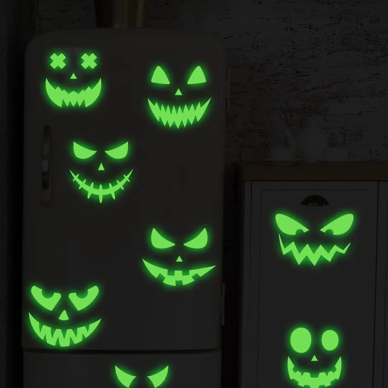 Luminous Fluorescent Green Pumpkin Face Wall Sticker, Scary Expression Halloween Self Adhesive Atmosphere Festival Decor Decal