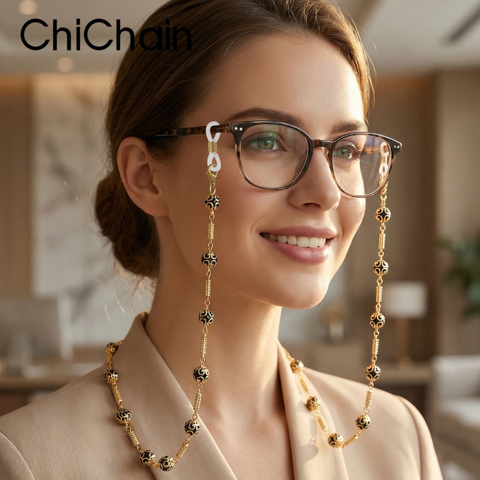 2022 Trend Metal Bead Glasses Chain Street Photography-inspired Neck Hanging Sunglasses Accessories European and American-style