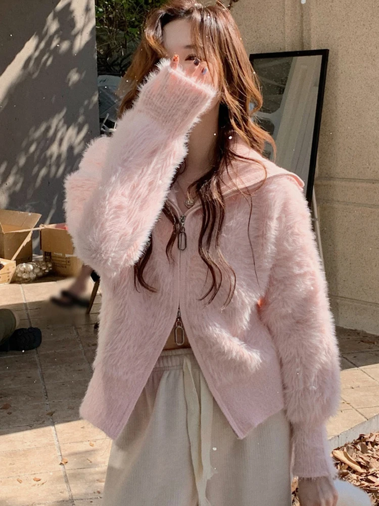 Fluffy Sweater Women Pink Sweet Knitted Cardigan Lady Elegant Chic Navy Collar Pullover Female Casual Loose Short Knitwear Coat