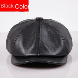 Cowhide Genuine Leather Retro Brown Hats Men Spring/Winter 100% Real Leather Warm Cap Male Beret Painter Boina Cowhide Octagona