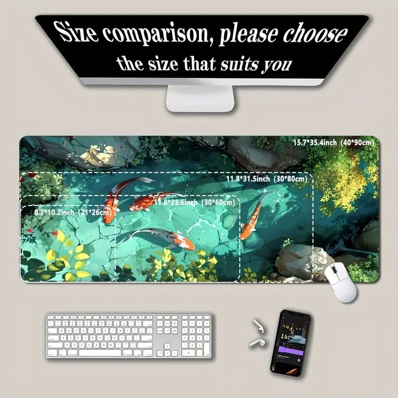 VIKAMA Green Plant Water Koi Fish XXL Desk Mat Anti Slip Clear Pond Pattern Large Gaming Keyboard Mouse Pad Desktop Decor