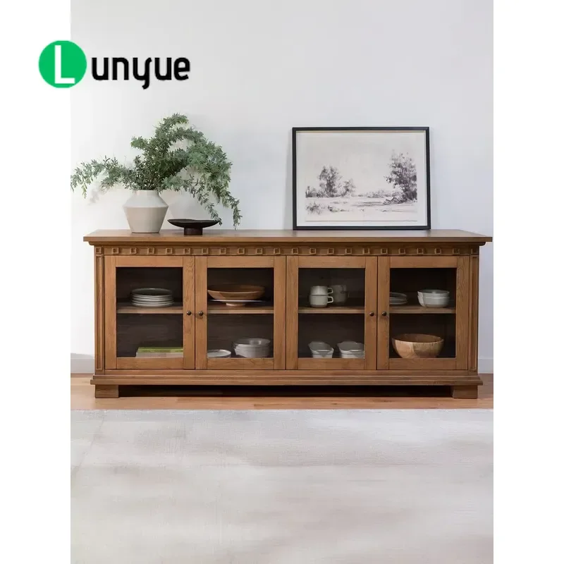 American Country Style Imitation Old Solid Wood Side Cabinet with Metal Handle and Glass Door Fully Assembled French TV
