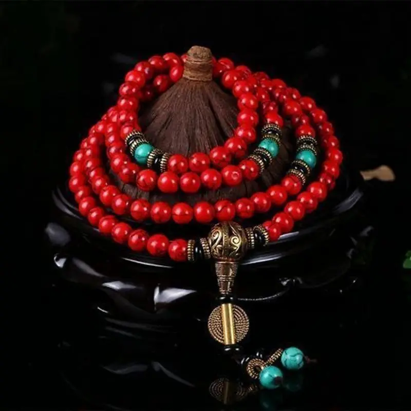 108 Prayer Beads Tibet Buddhist Red Howlite Turquoise Mala Necklace--8mm