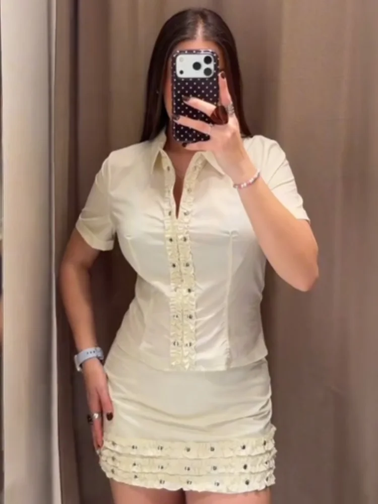 

HH Woman Fashion Solid Short Sleeves Lapel Rivet Laminated Poplin Shirt+Side Zipper Mini Skirt Casual Summer Two Piece Set