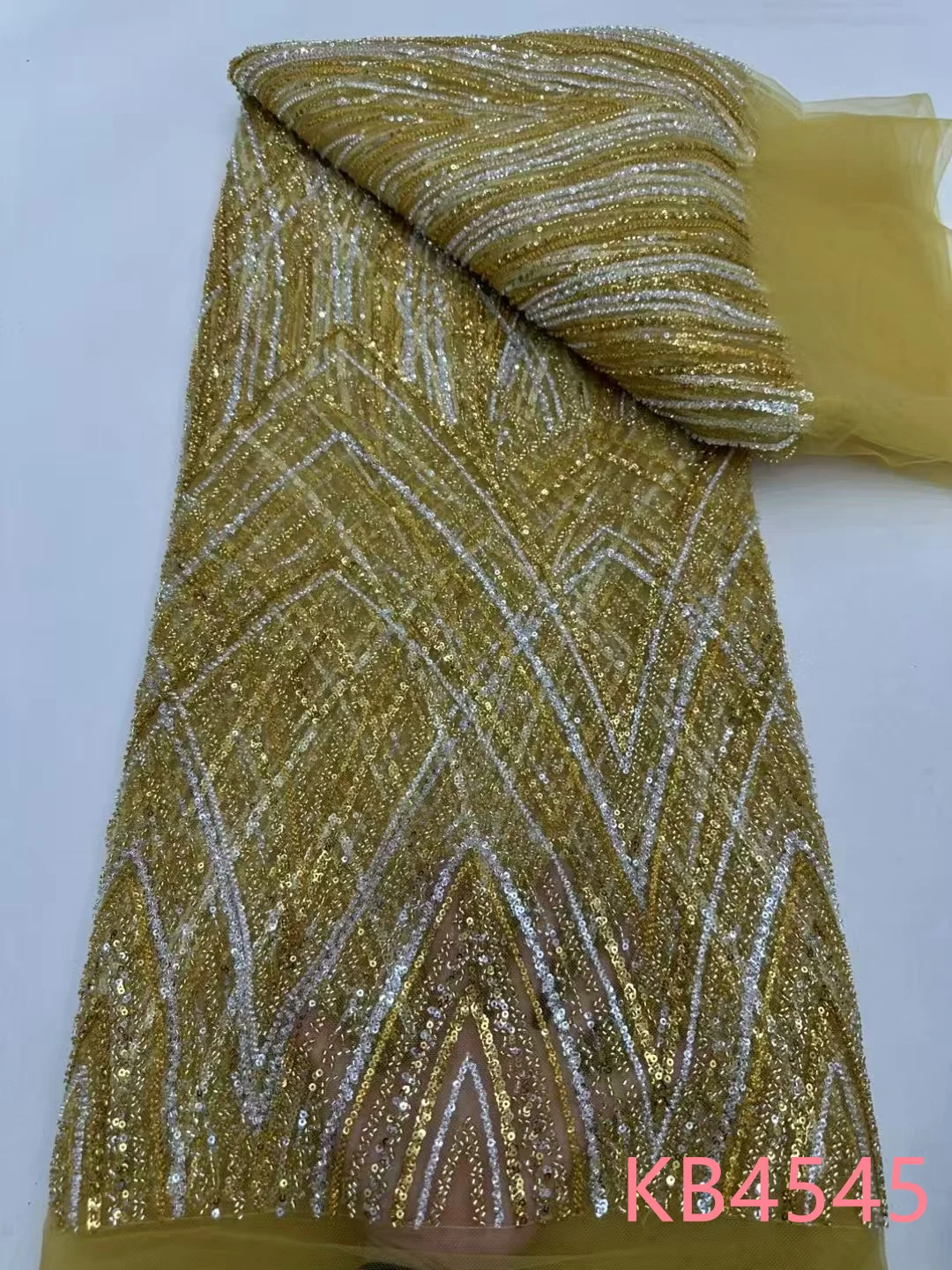 

African Gold Beads French Mesh Sequins Fabrics High Quality 2025 Sequence Tulle Lace Beaded Embroidered Lace For Sewing KB4545