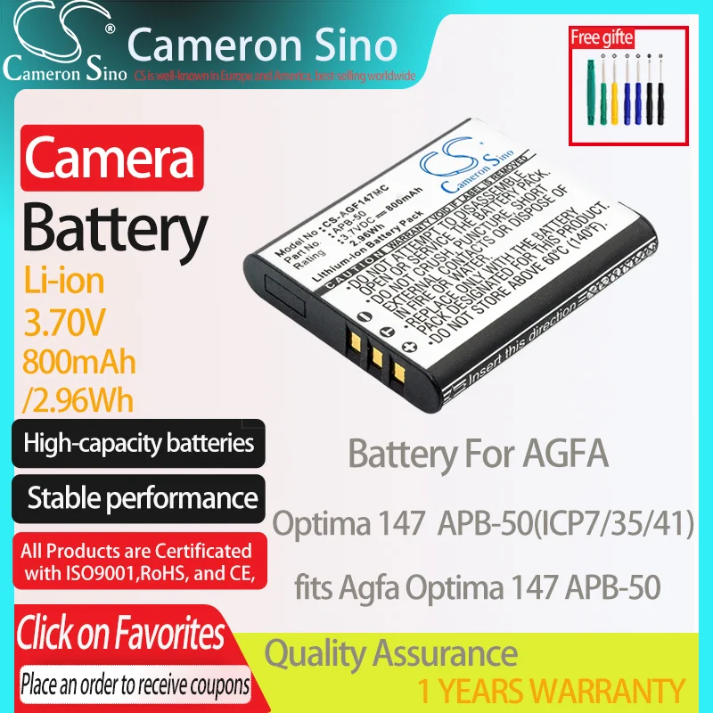 Batería de cámara para AGFA Optima 147 APB-50(ICP7/35/41), compatible con Agfa Optima 147 APB-50, 800mAh, 3,70 V, Li-ion, color negro