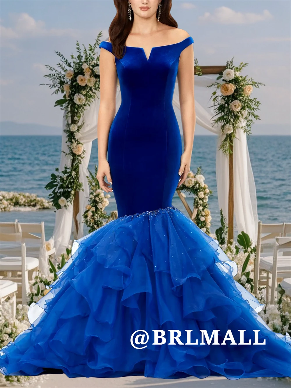 

BRLMALL Elegant Velvet Prom Dress with Sequins Cap Sleeves Long Mermaid Evening Dresses Tiered Formal Gowns Wedding Party Dress