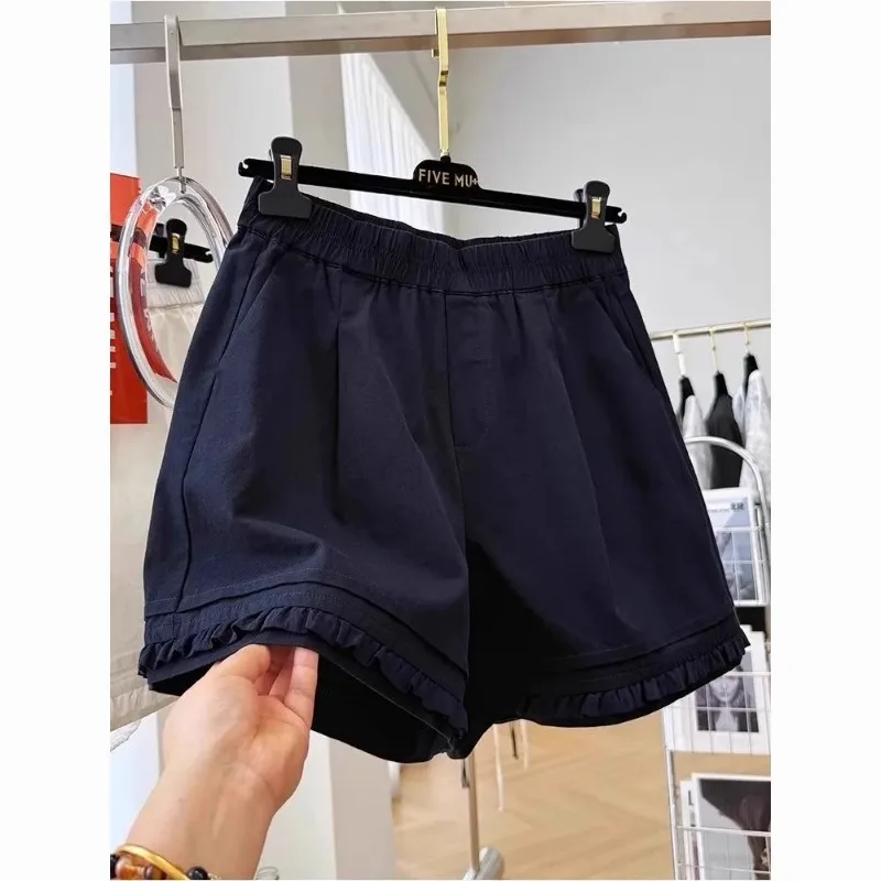 Women Elastic High Waist Ruffle Hem Shorts Summer Loose Wide Leg Casual Trousers