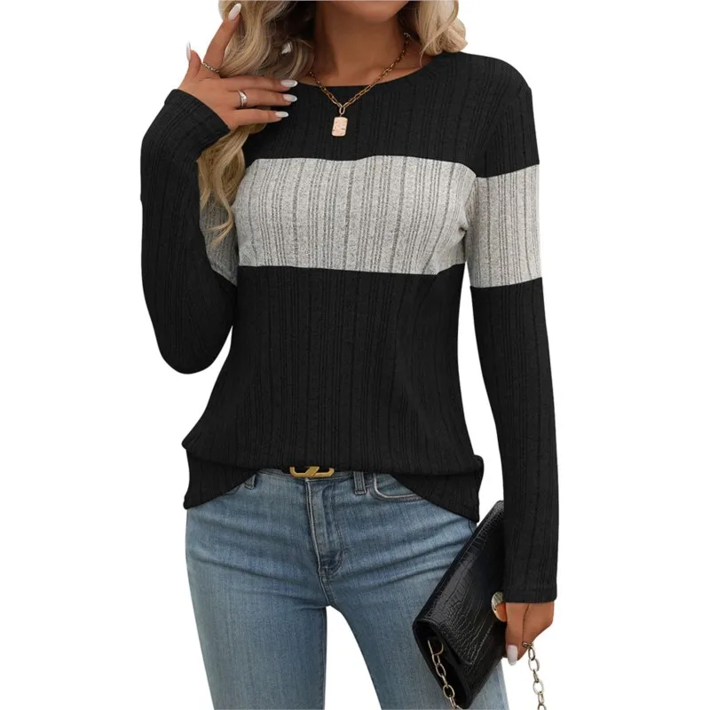 Women's Autumn And Winter New Casual Color Blocked Pit Stripe T-shirt Round Neck Long Sleeved Contrasting Loose And Comfortable