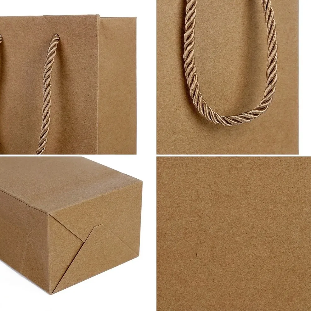12Pcs Brown Cowhide Paper Wine Bottle Bags 35cm Reusable Packaging With Twisted Handles For Wedding Birthday Party Decor