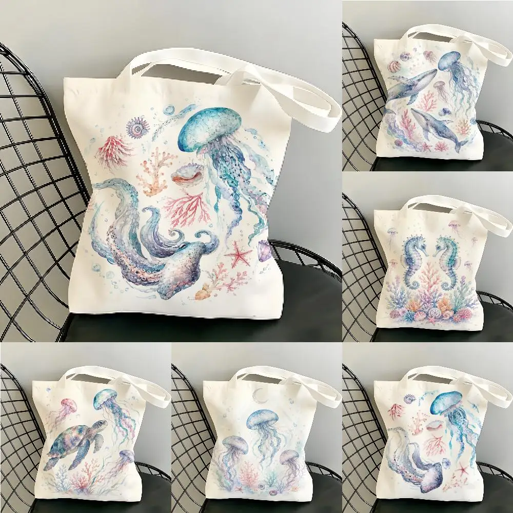 Watercolor Sea Creatures Storage Bags Canvas Tote Bag Women Large Capacity Reusable Eco Shopping Bag Shoulder Handbag