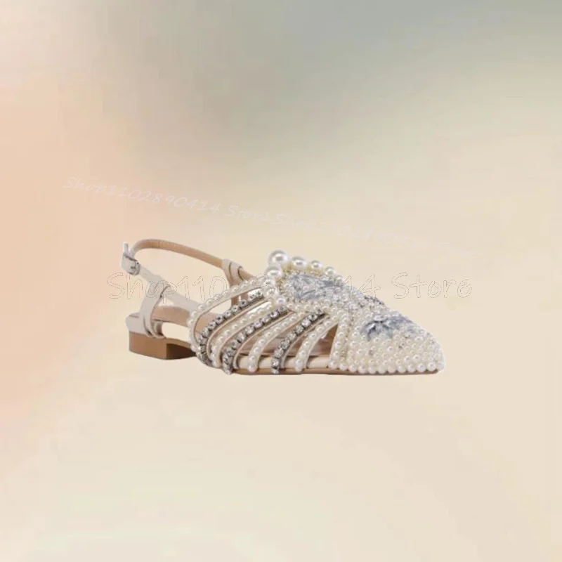 Crystal Pearl Decor Beige Pointed Toe Pumps Buckle Strap Women Shoes Low Top Graceful Novel Party Feast 2024 Zapatos Para Mujere