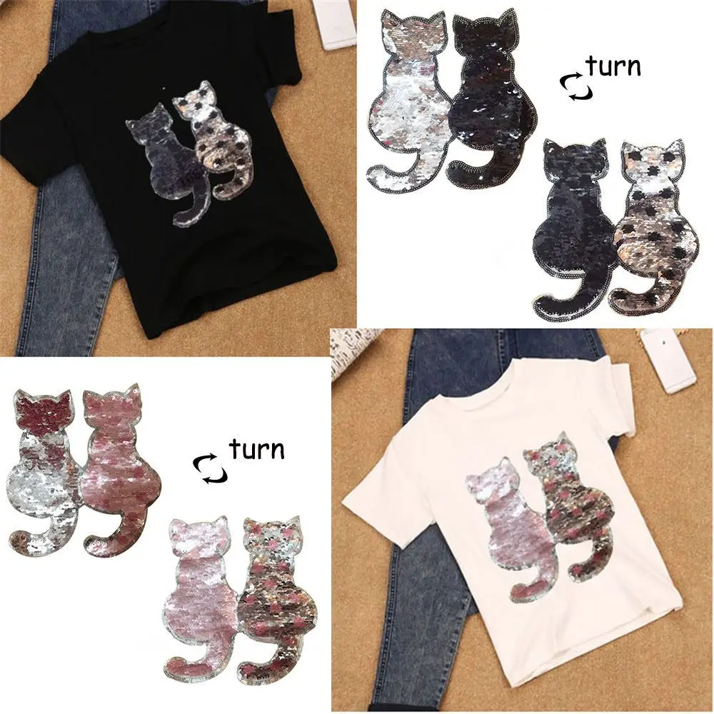 Cute Sewing Craft Applique DIY Clothes Sequins Cat Patch Reversible Color