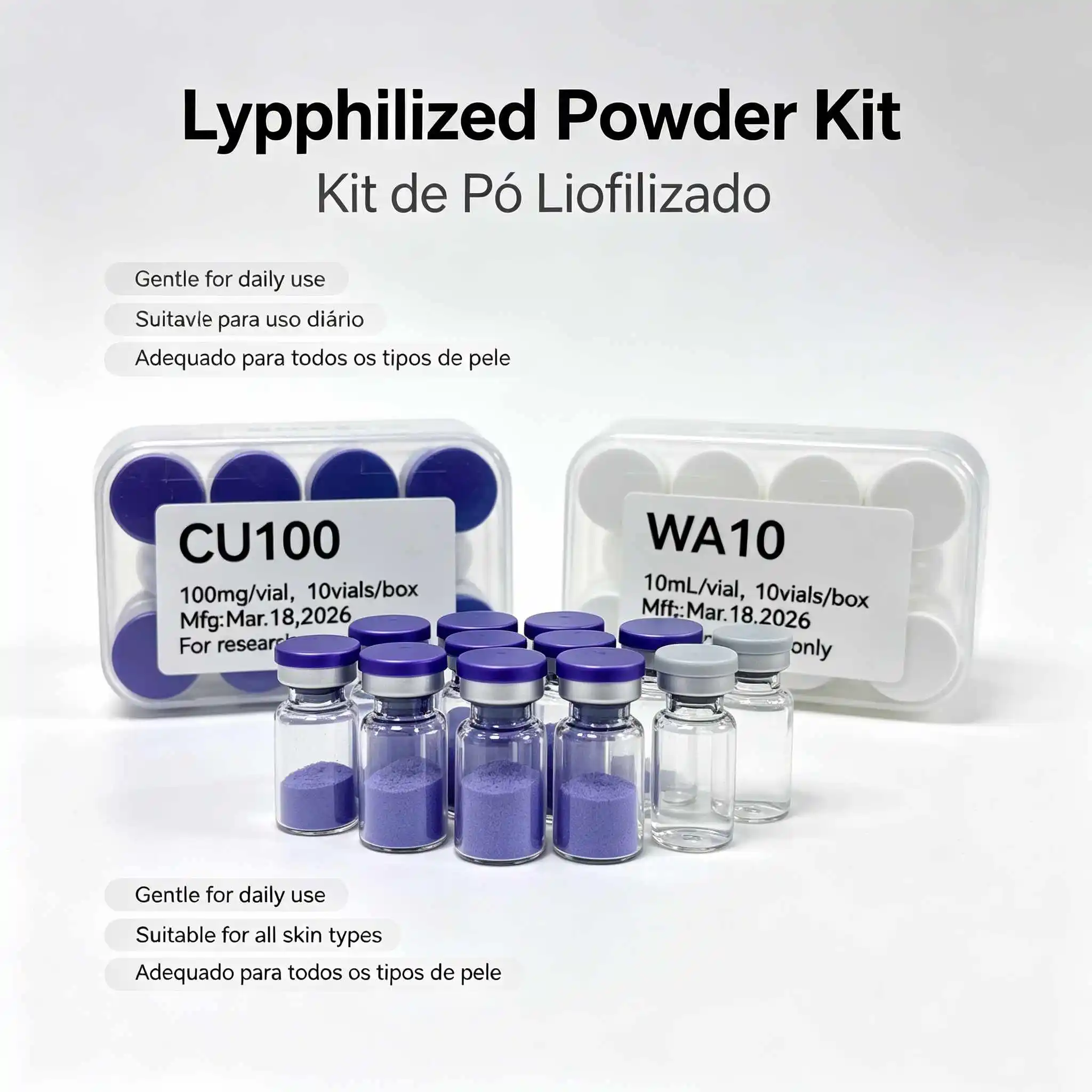 (Cap Color Varies) High-Quality Lyophilized GHK-Cu Copper Powder — 1 Box / 10 Vials: Repairs Skin Damage, Hydrate