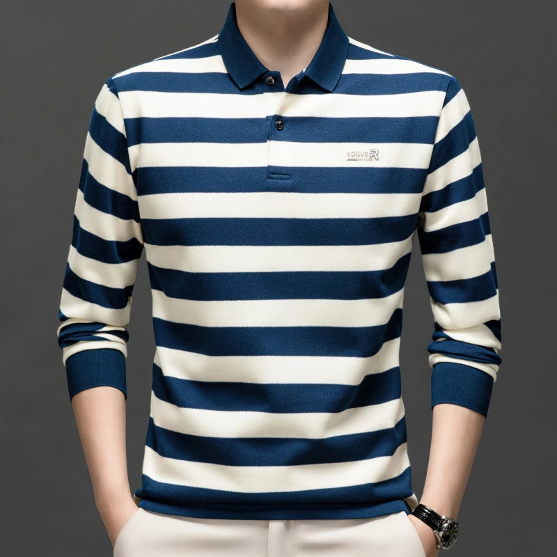 Autumn new all in one loose long sleeved POLO shirt business striped lapel young men's T shirt Quality brand men's polo shirt