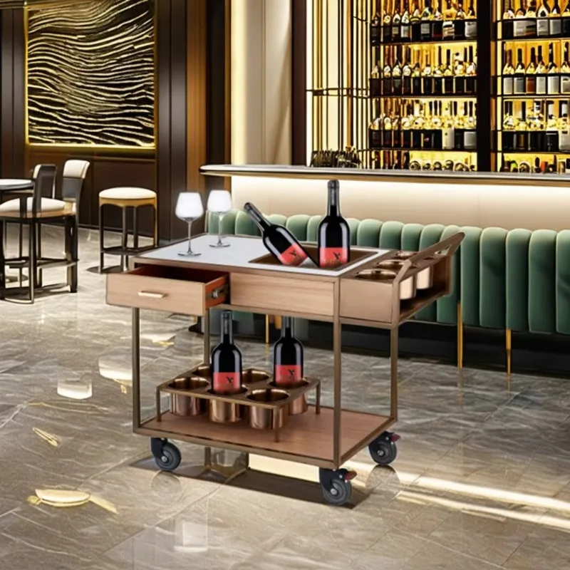 Luxury Rose Gold Mobile Wine Cart Modern Design Beverage Bar Trolley with Ice Plate Bucket Drawer Home Kitchen Dining Room
