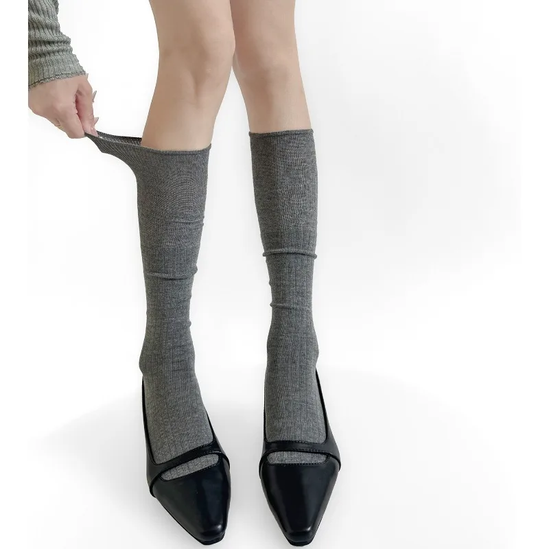 

INS Casual Style Striped Leg Warmers Korean Wool Blend Stackable Mid-Calf Socks Versatile Ribbed Knit Socks for Autumn Winter